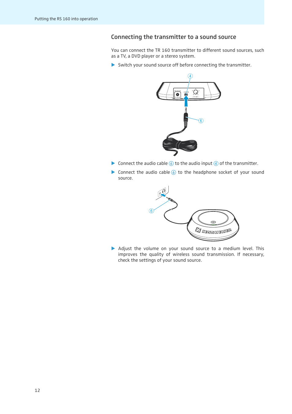 Connecting the transmitter to a sound source | Sennheiser 502873 User Manual | Page 13 / 36