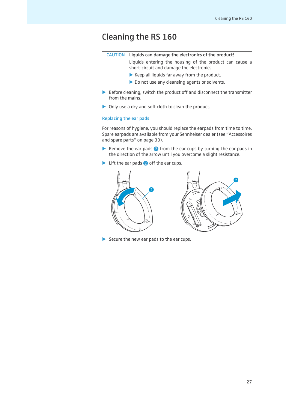 Cleaning the rs 160 | Sennheiser 502873 User Manual | Page 28 / 36