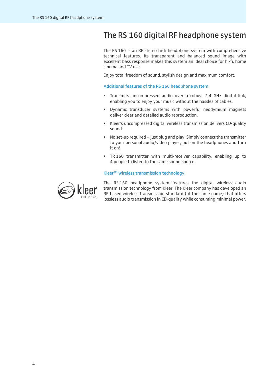 The rs 160 digital rf headphone system | Sennheiser 502873 User Manual | Page 5 / 36