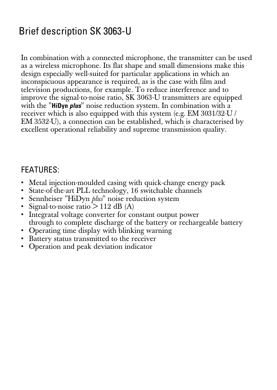 Brief description, Brief description sk 3063-u | Sennheiser SK 3063-U User Manual | Page 2 / 10