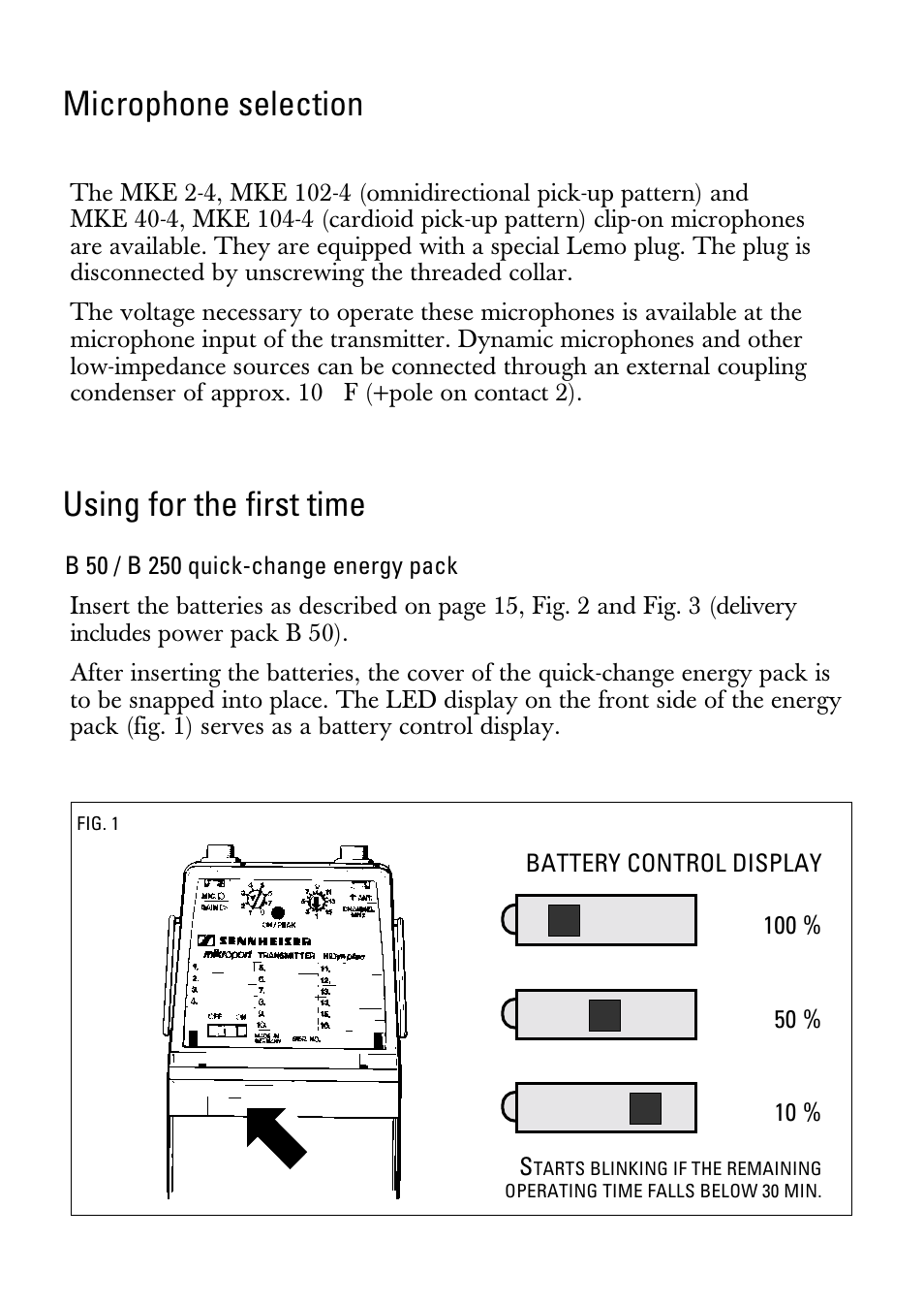 Microphone selection, Using for the first time, B 50 / b 250 quick-change energy pack | Sennheiser SK 3063-U User Manual | Page 4 / 10