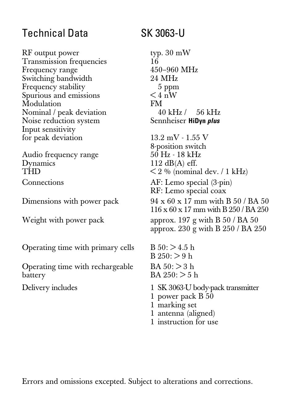 Technical data, Technical data sk 3063-u | Sennheiser SK 3063-U User Manual | Page 9 / 10