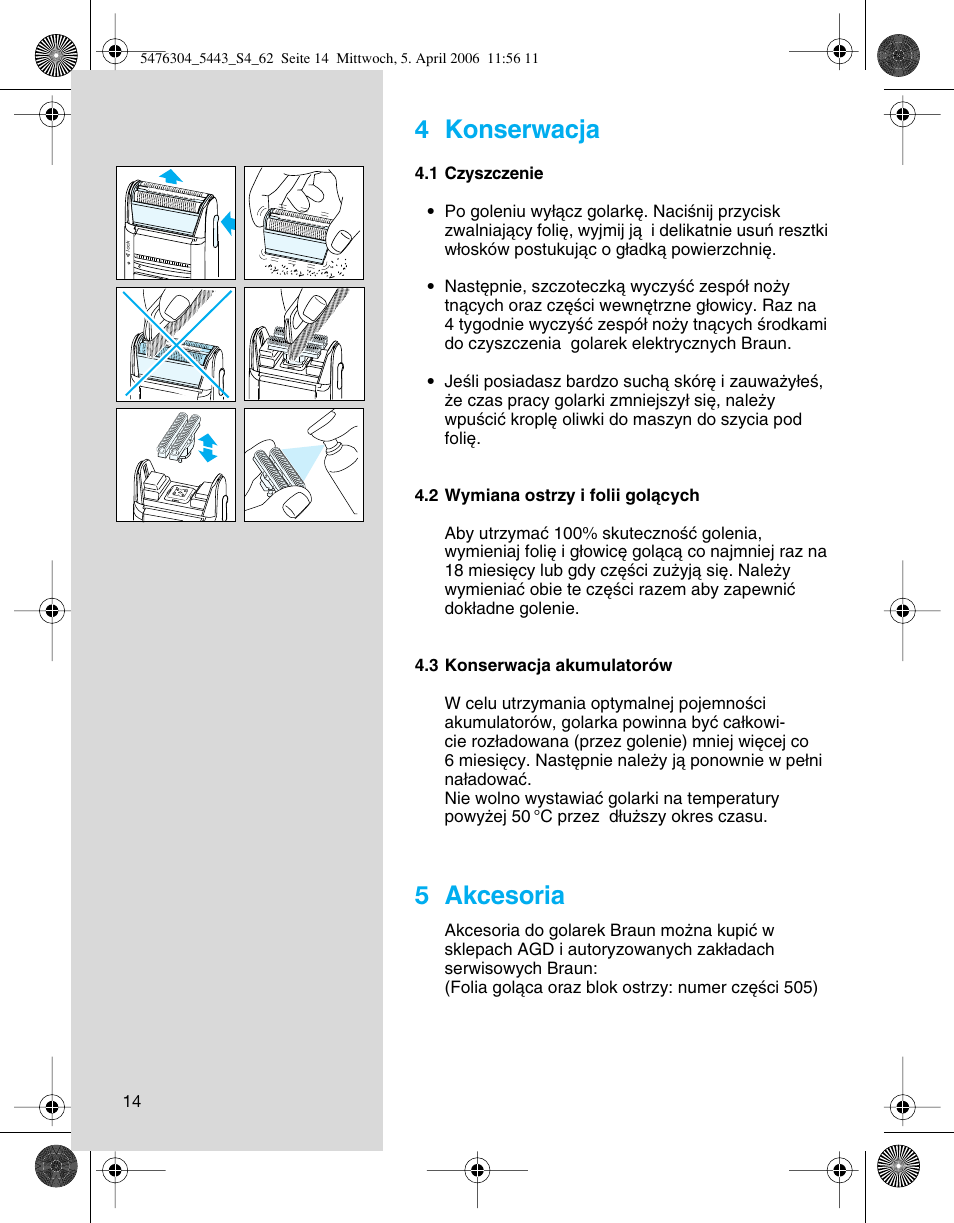 4konserwacja, 5akcesoria | Braun 5443 User Manual | Page 14 / 59