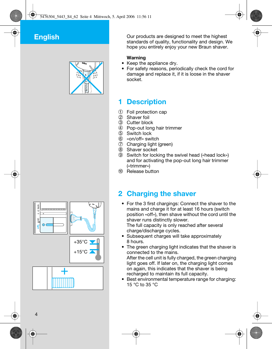 English, 1 description, 2 charging the shaver | Braun 5443 User Manual | Page 4 / 59