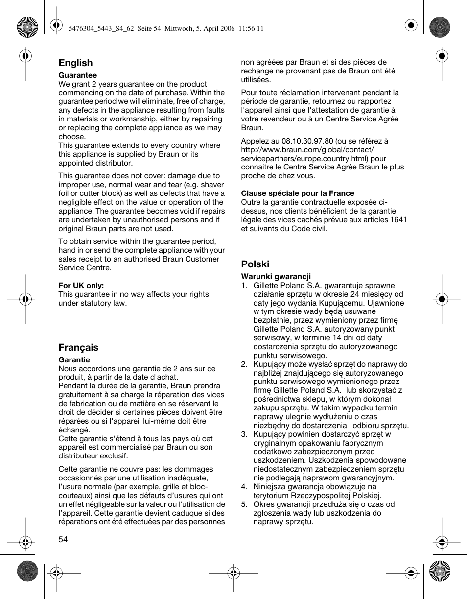 Braun 5443 User Manual | Page 54 / 59