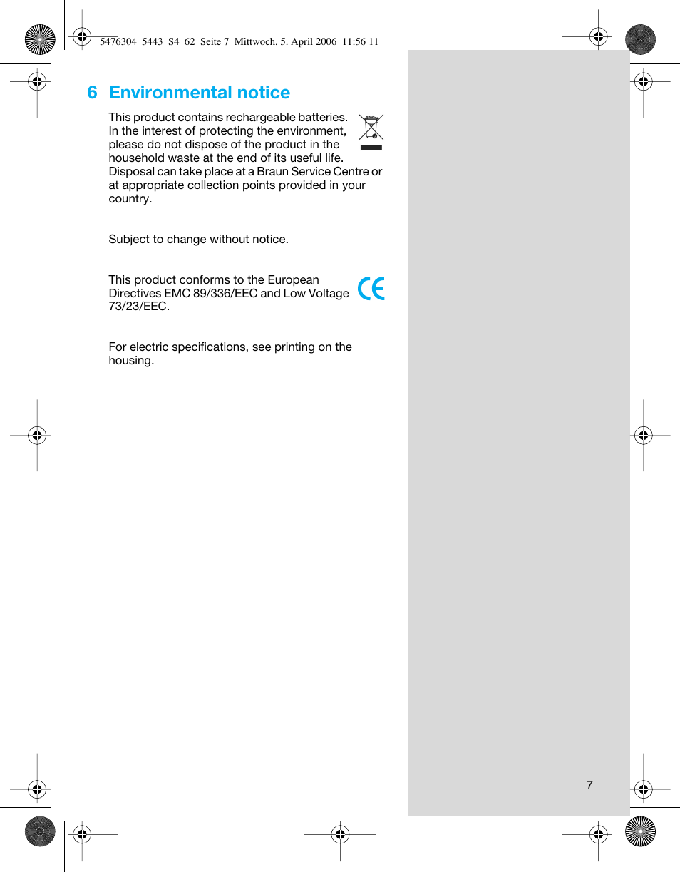 6 environmental notice | Braun 5443 User Manual | Page 7 / 59