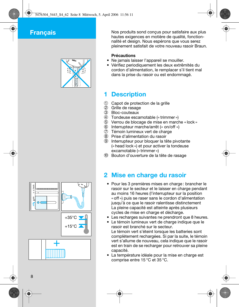 Français, 1 description, 2 mise en charge du rasoir | Braun 5443 User Manual | Page 8 / 59