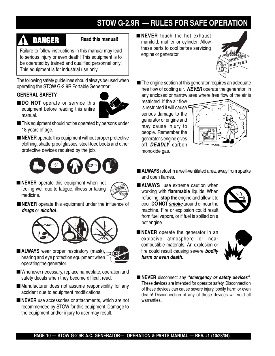 Stow g-2.9r — rules for safe operation, Danger | Multiquip G-2.9R User Manual | Page 10 / 72