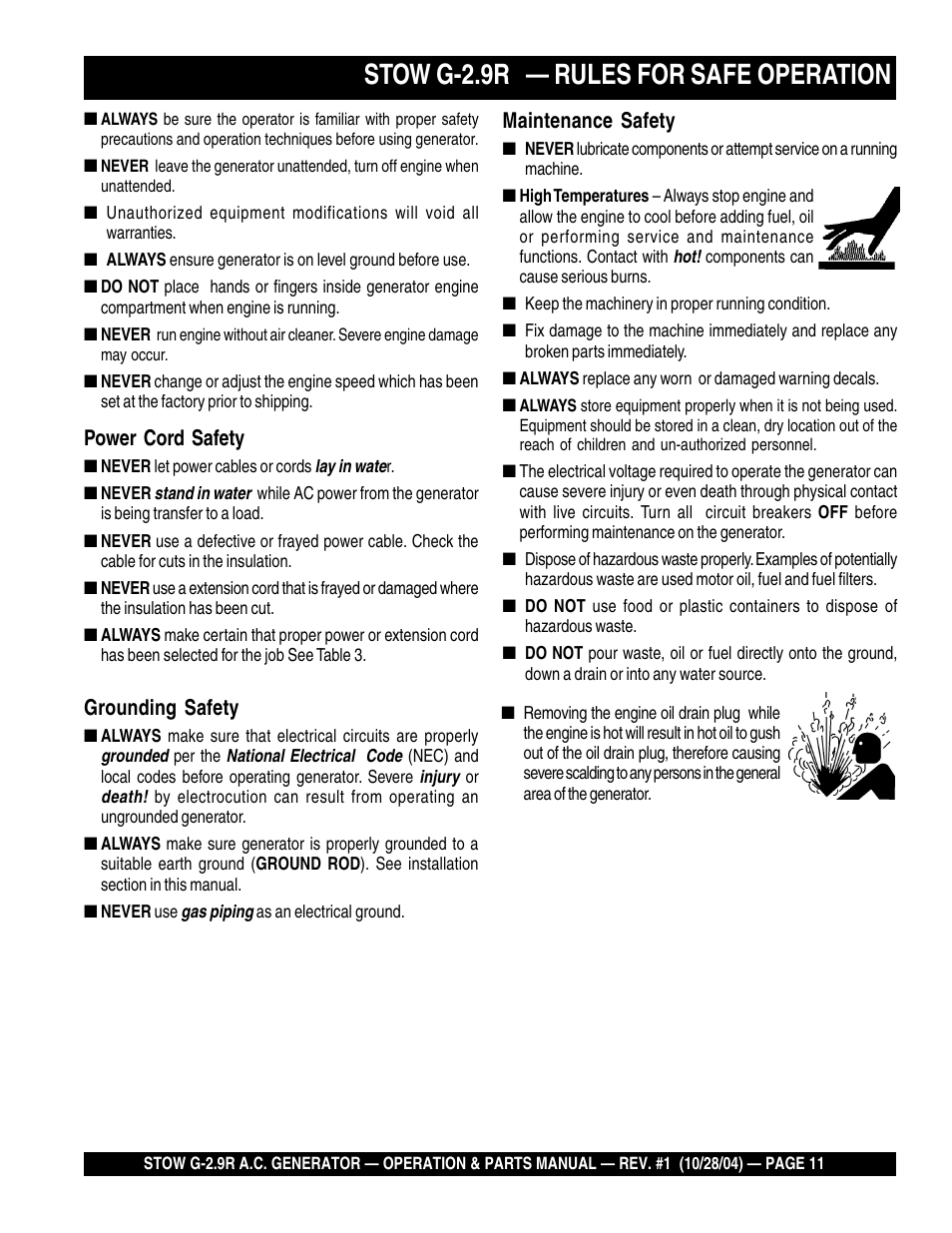 Stow g-2.9r — rules for safe operation, Power cord safety, Grounding safety | Maintenance safety | Multiquip G-2.9R User Manual | Page 11 / 72