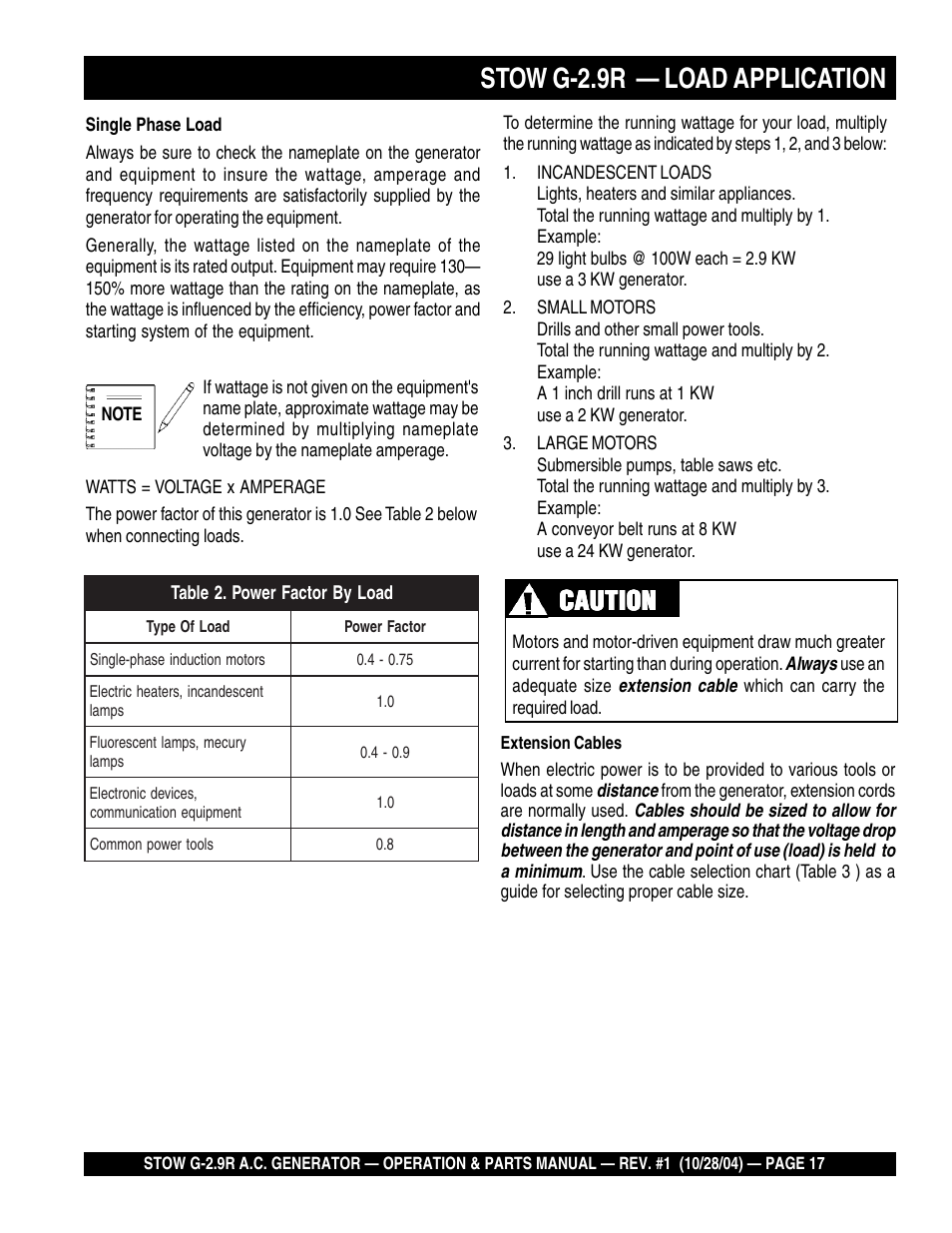 Stow g-2.9r — load application, Caution | Multiquip G-2.9R User Manual | Page 17 / 72