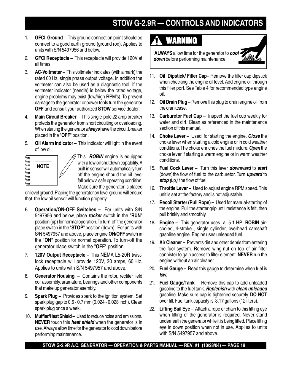 Stow g-2.9r — controls and indicators, Warning | Multiquip G-2.9R User Manual | Page 19 / 72