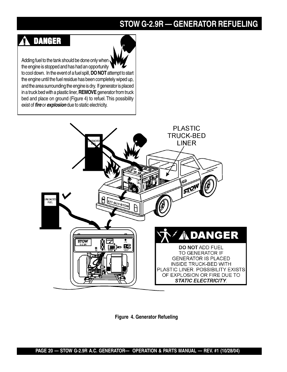 Stow g-2.9r — generator refueling, Danger | Multiquip G-2.9R User Manual | Page 20 / 72