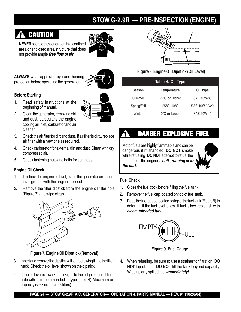 Stow g-2.9r — pre-inspection (engine), Caution, Danger explosive fuel | Multiquip G-2.9R User Manual | Page 24 / 72