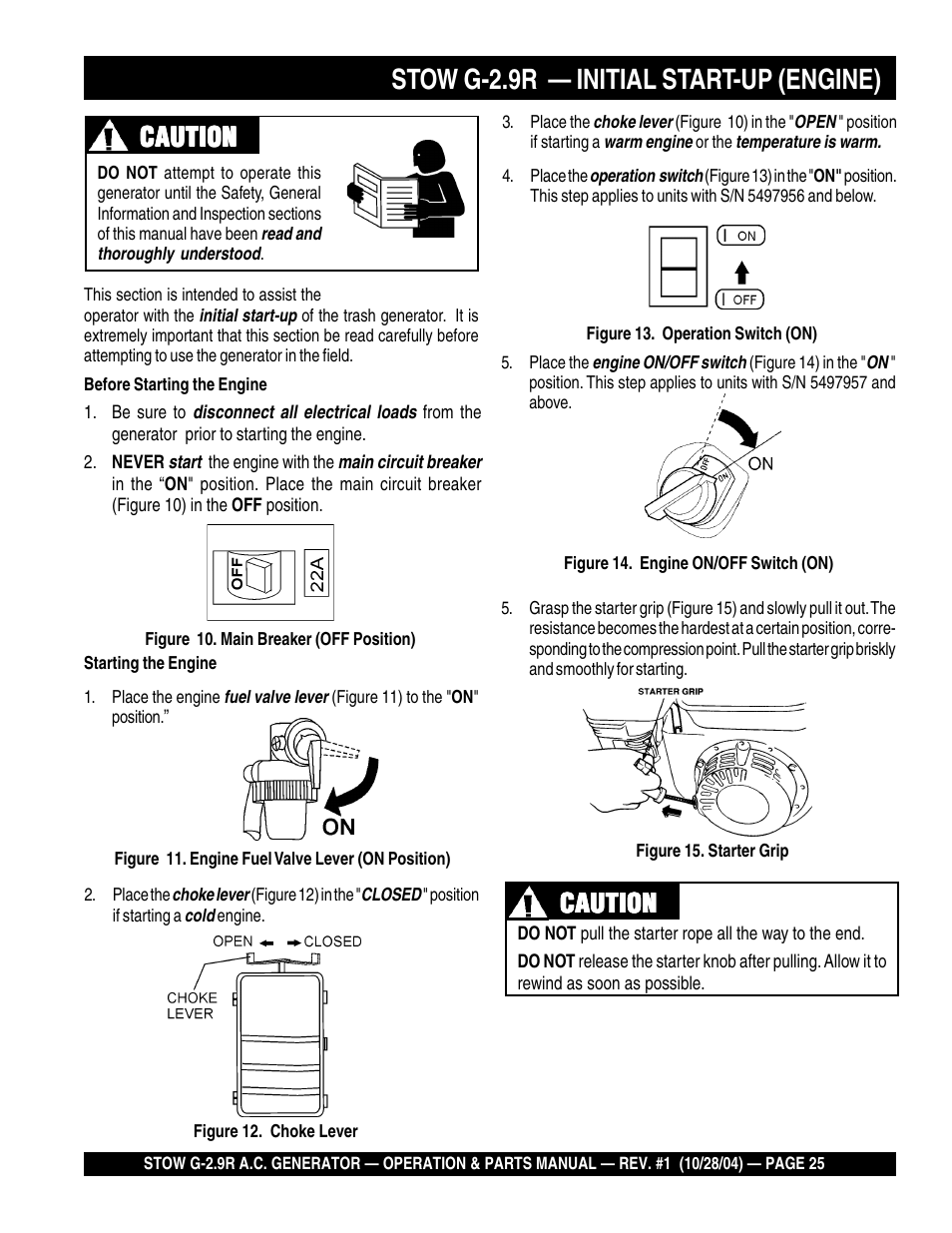 Stow g-2.9r — initial start-up (engine), Caution | Multiquip G-2.9R User Manual | Page 25 / 72