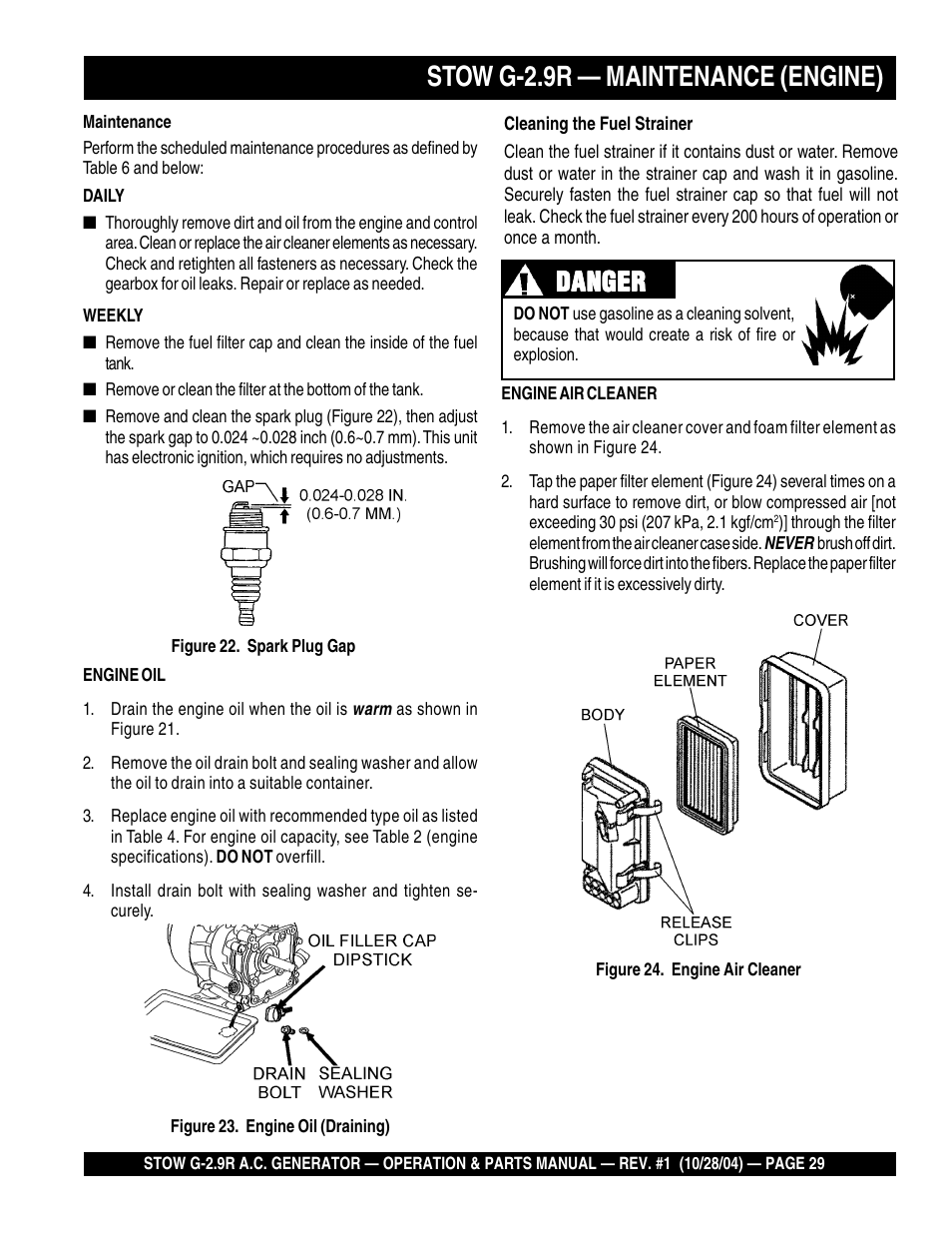 Stow g-2.9r — maintenance (engine), Danger | Multiquip G-2.9R User Manual | Page 29 / 72