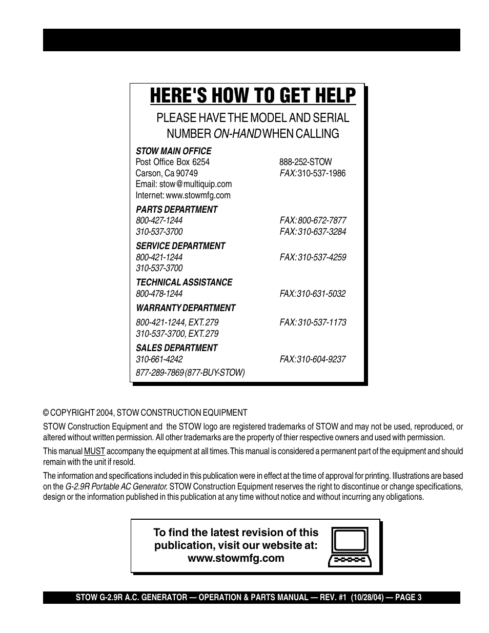 Here's how to get help, On-hand, Please have the model and serial number | When calling | Multiquip G-2.9R User Manual | Page 3 / 72