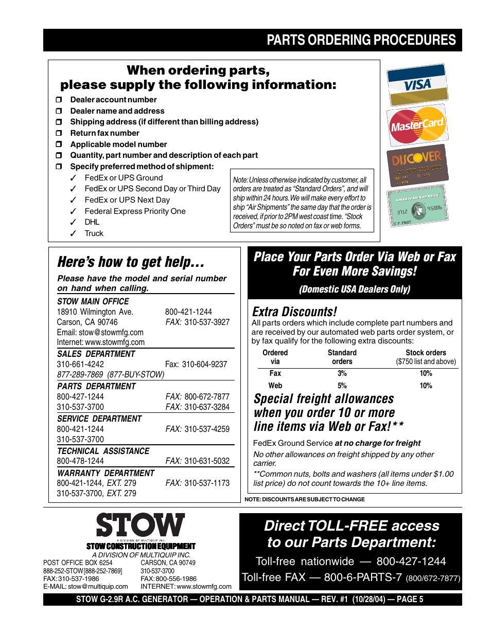 Parts ordering procedures, Here’s how to get help, Direct toll-free access to our parts department | Extra discounts | Multiquip G-2.9R User Manual | Page 5 / 72