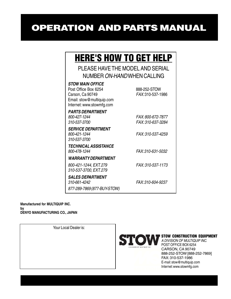 Here's how to get help, Operation and parts manual, On-hand | Please have the model and serial number, When calling | Multiquip G-2.9R User Manual | Page 72 / 72