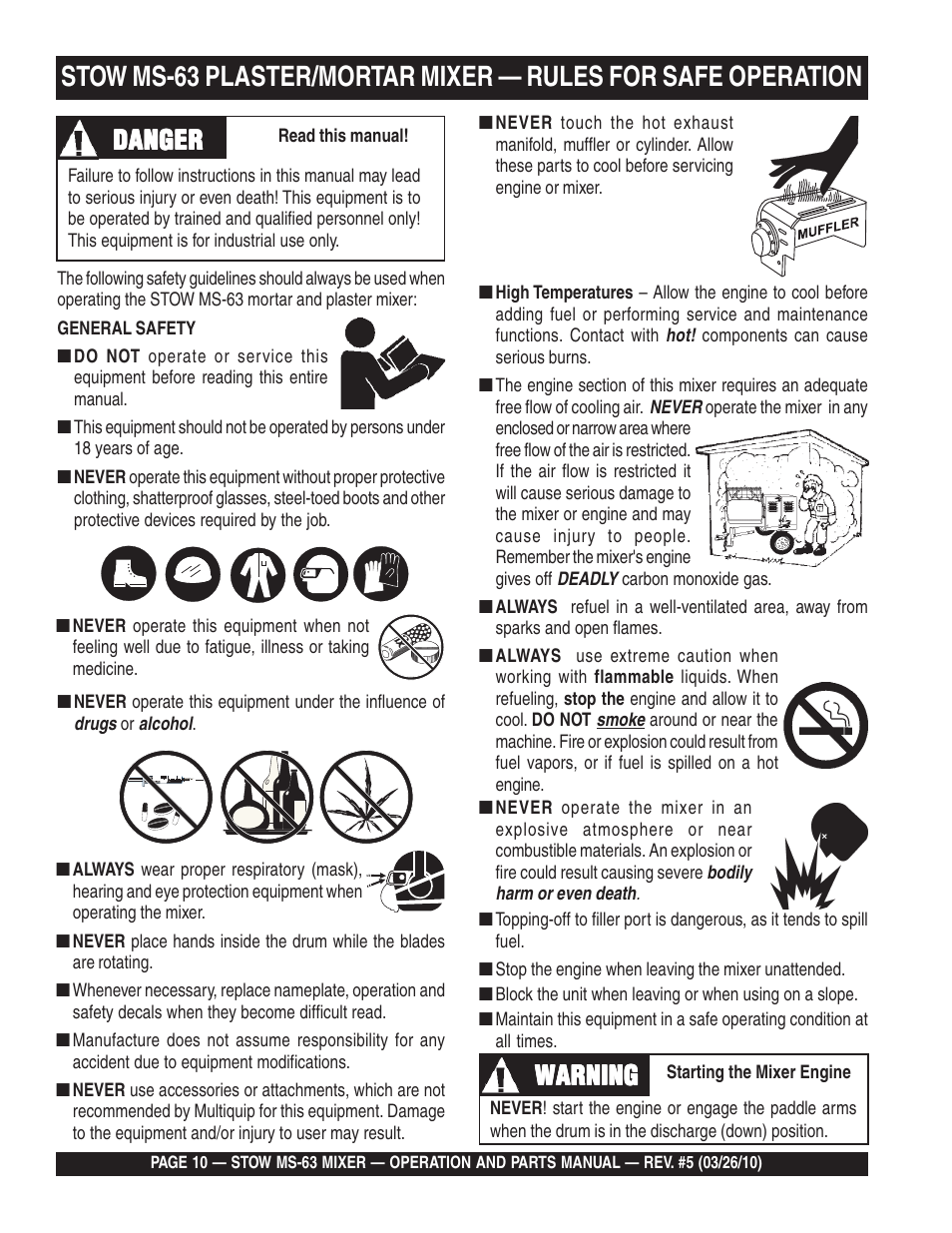 Danger, Warning | Stow Plaster and Mortar Mixer MS-63 User Manual | Page 10 / 128
