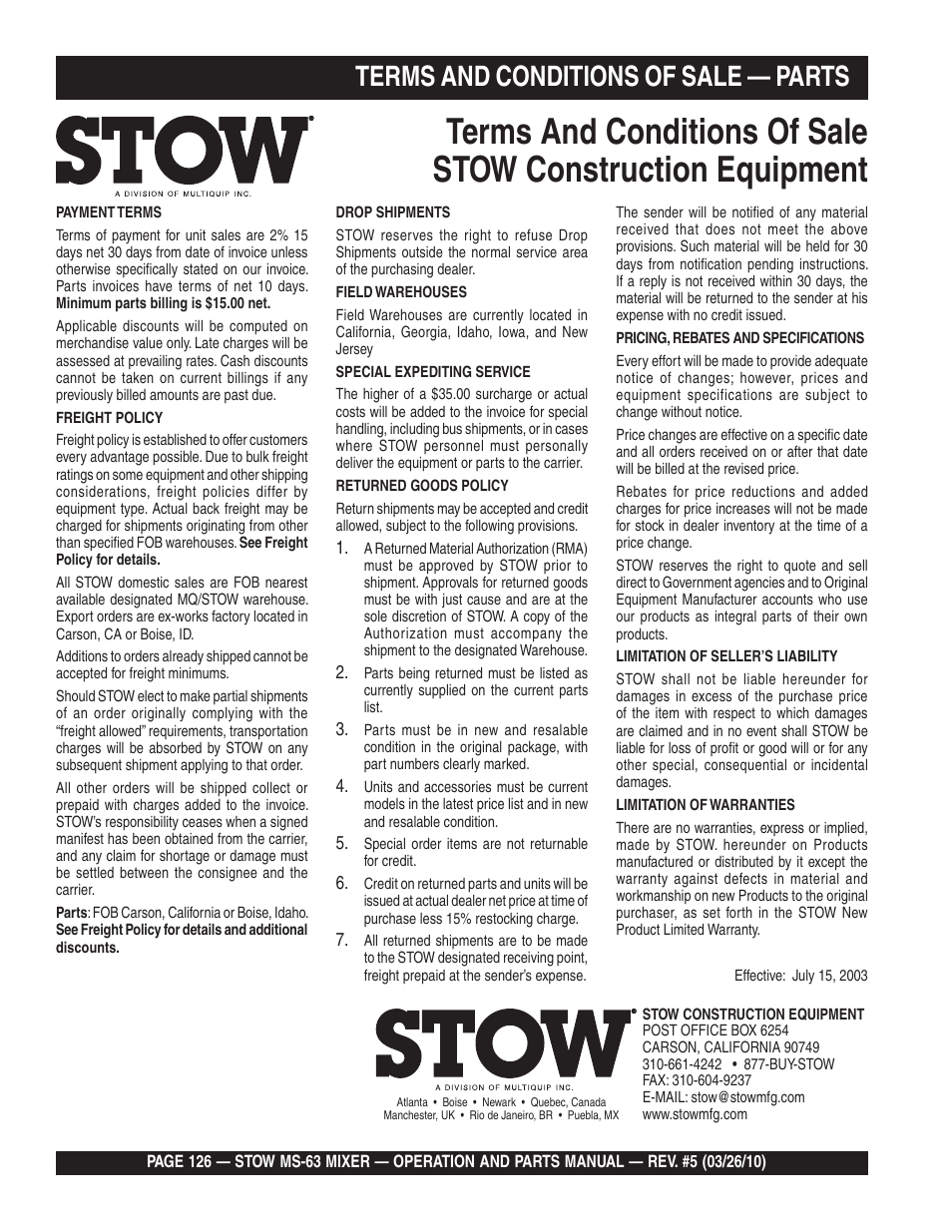 Terms and conditions of sale — parts | Stow Plaster and Mortar Mixer MS-63 User Manual | Page 126 / 128