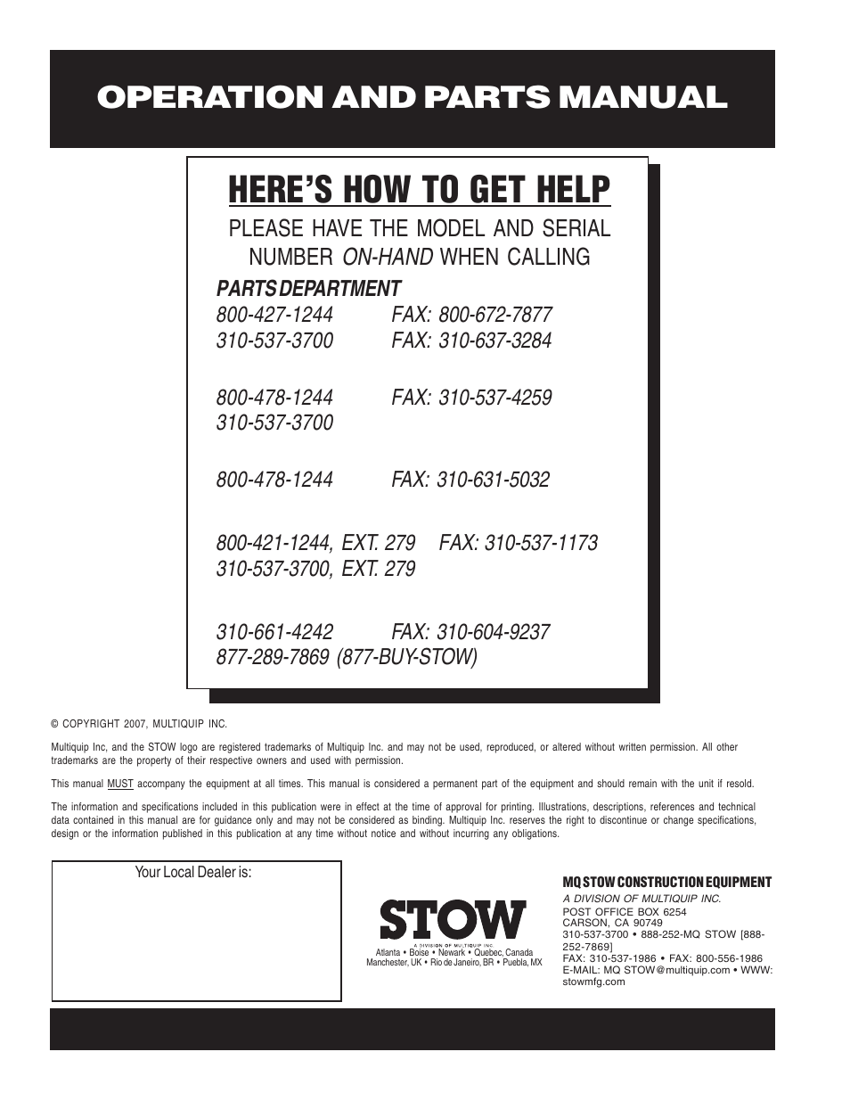 Here’s how to get help, Operation and parts manual | Stow Plaster and Mortar Mixer MS-63 User Manual | Page 128 / 128