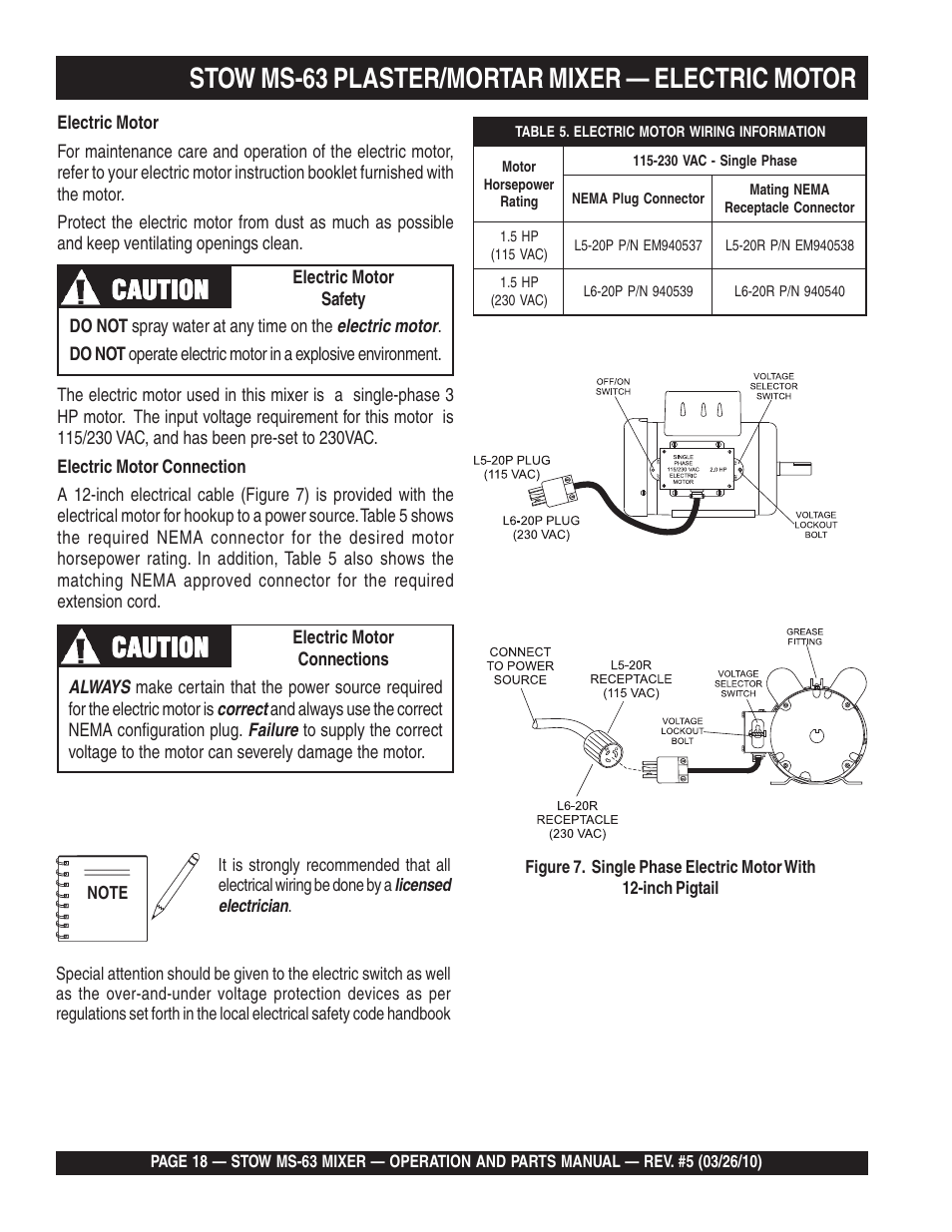 Stow ms-63 plaster/mortar mixer — electric motor, Caution | Stow Plaster and Mortar Mixer MS-63 User Manual | Page 18 / 128