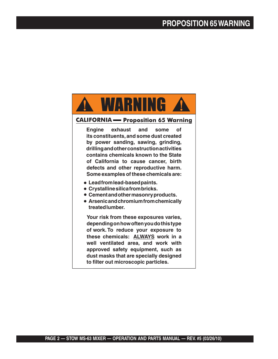 Proposition 65 warning | Stow Plaster and Mortar Mixer MS-63 User Manual | Page 2 / 128