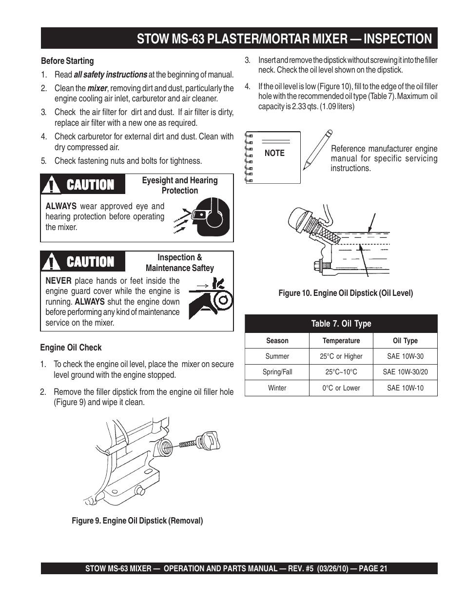 Stow ms-63 plaster/mortar mixer — inspection, Caution | Stow Plaster and Mortar Mixer MS-63 User Manual | Page 21 / 128