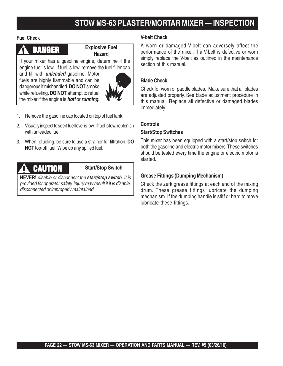 Stow ms-63 plaster/mortar mixer — inspection, Caution, Danger | Stow Plaster and Mortar Mixer MS-63 User Manual | Page 22 / 128