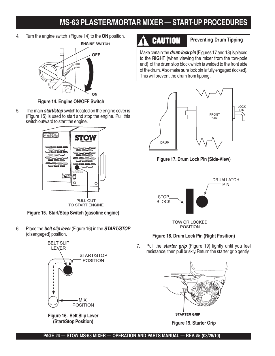 Ms-63 plaster/mortar mixer — start-up procedures, Caution | Stow Plaster and Mortar Mixer MS-63 User Manual | Page 24 / 128