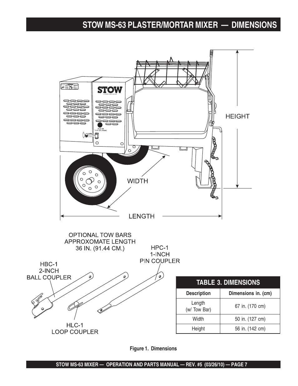 Stow ms-63 plaster/mortar mixer — dimensions | Stow Plaster and Mortar Mixer MS-63 User Manual | Page 7 / 128