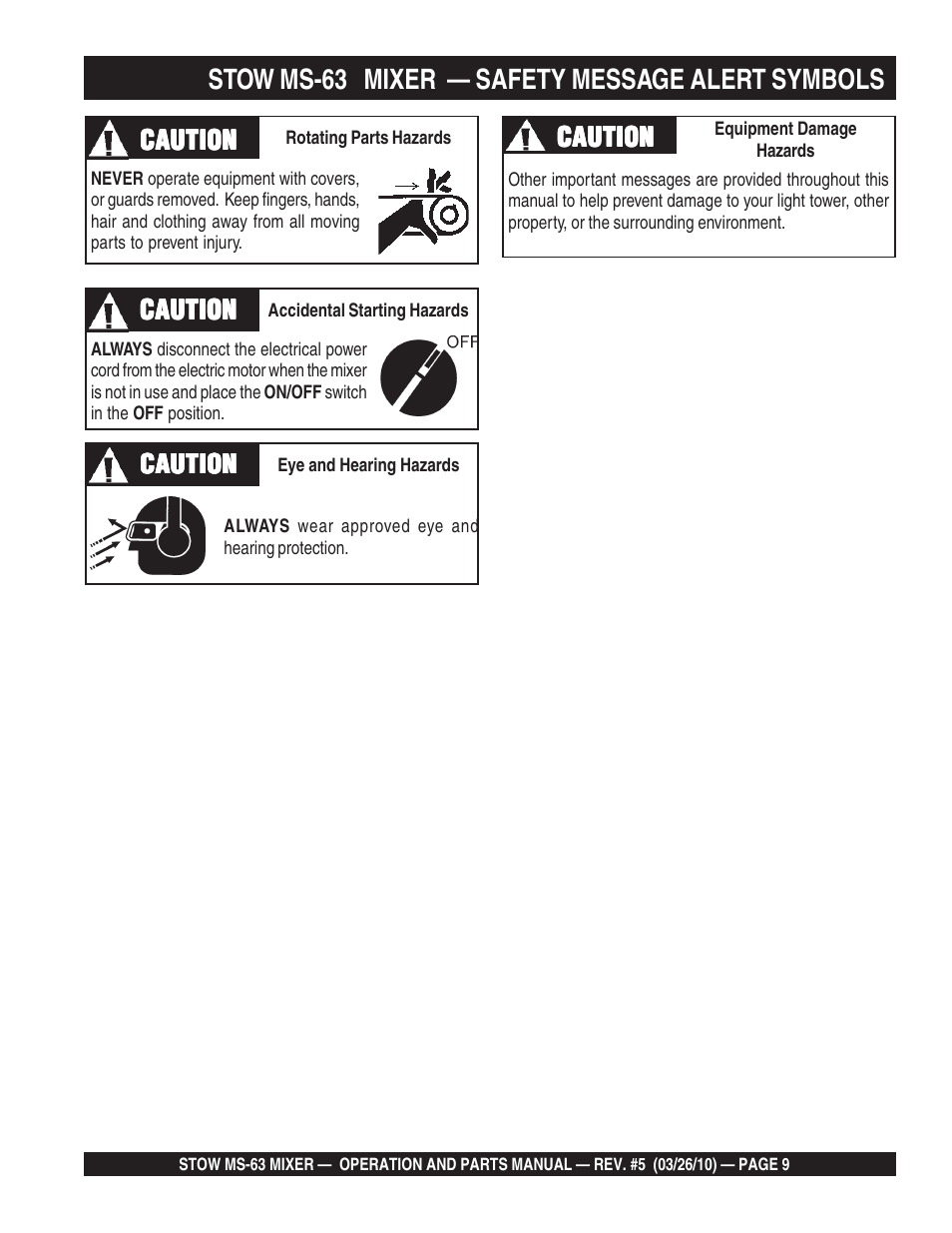 Stow ms-63 mixer — safety message alert symbols | Stow Plaster and Mortar Mixer MS-63 User Manual | Page 9 / 128