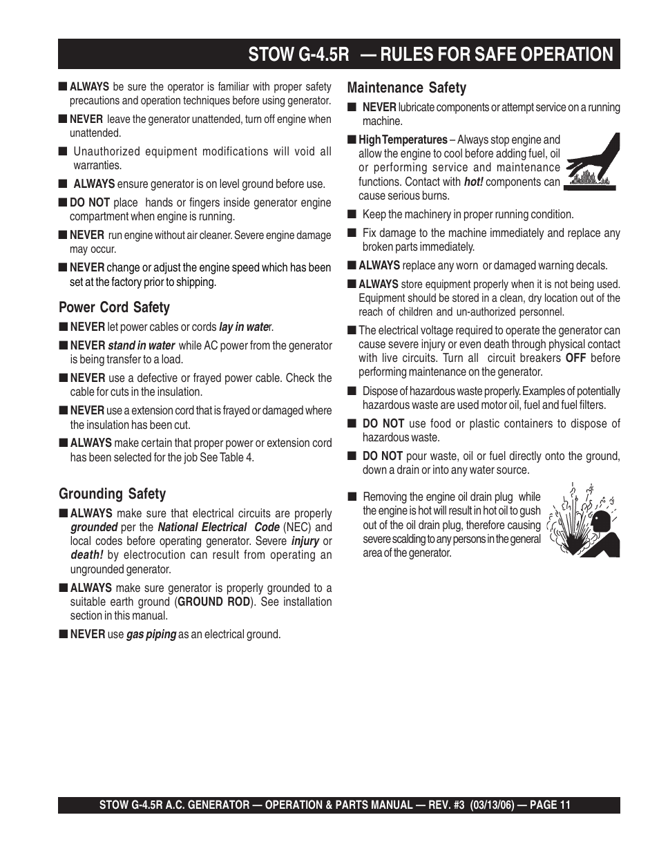 Stow g-4.5r — rules for safe operation, Power cord safety, Grounding safety | Maintenance safety | Multiquip G-4.5R User Manual | Page 11 / 76