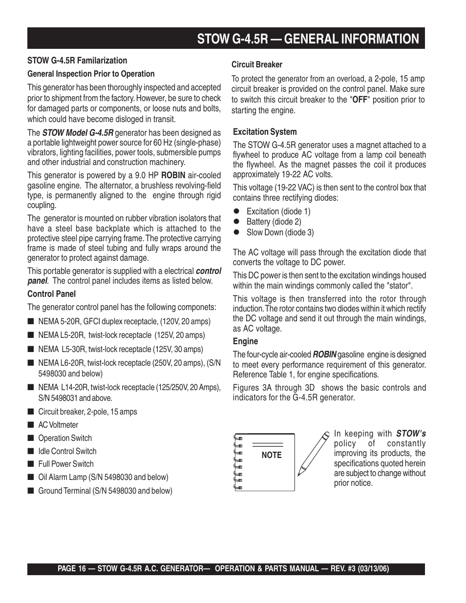 Stow g-4.5r — general information | Multiquip G-4.5R User Manual | Page 16 / 76