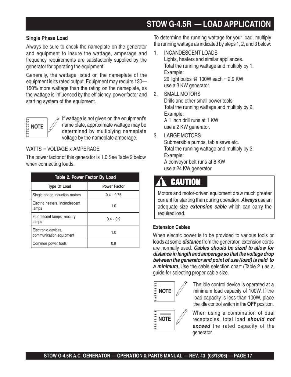 Stow g-4.5r — load application, Caution | Multiquip G-4.5R User Manual | Page 17 / 76