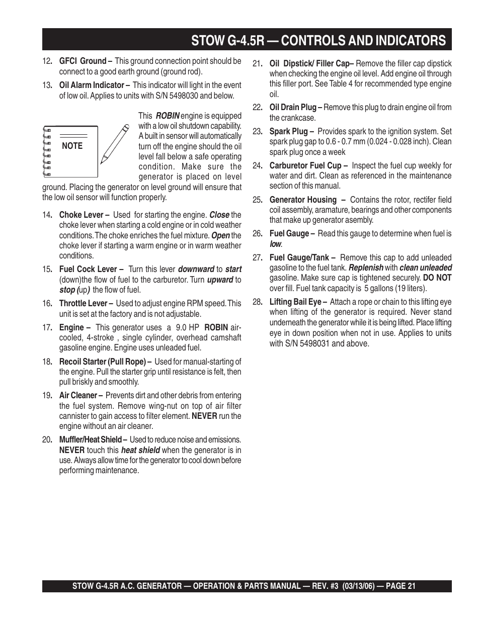 Stow g-4.5r — controls and indicators | Multiquip G-4.5R User Manual | Page 21 / 76