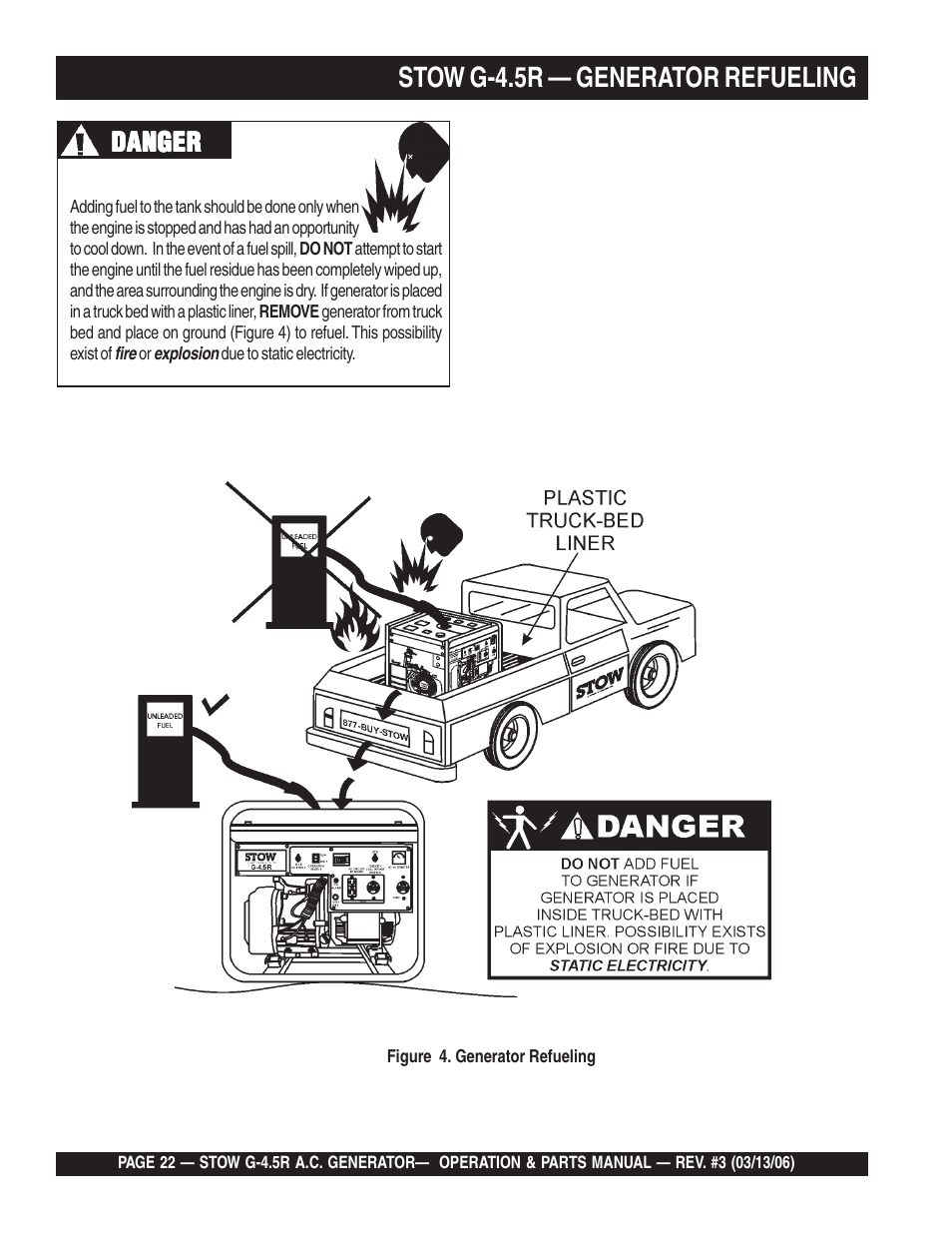 Stow g-4.5r — generator refueling, Danger | Multiquip G-4.5R User Manual | Page 22 / 76