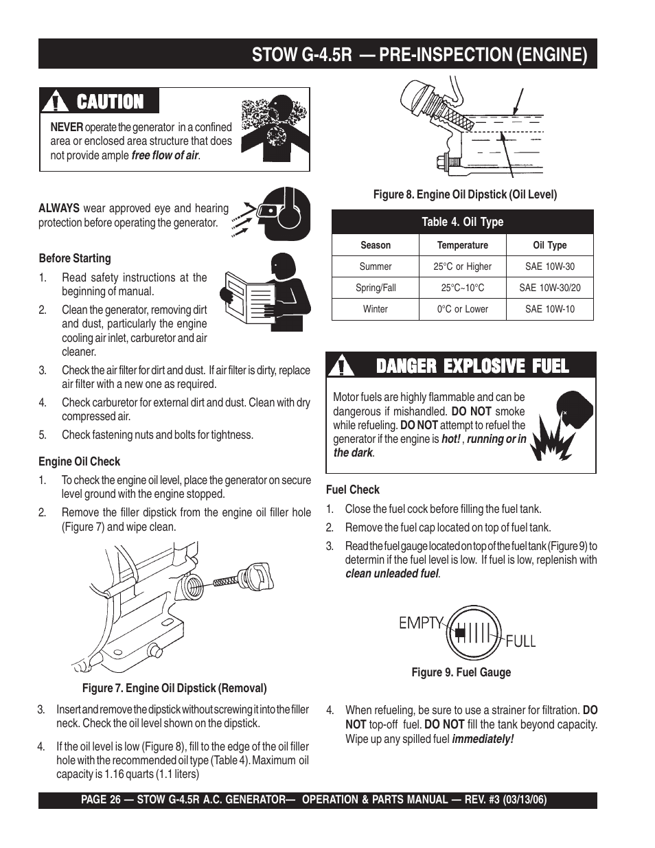 Stow g-4.5r — pre-inspection (engine), Caution, Danger explosive fuel | Multiquip G-4.5R User Manual | Page 26 / 76