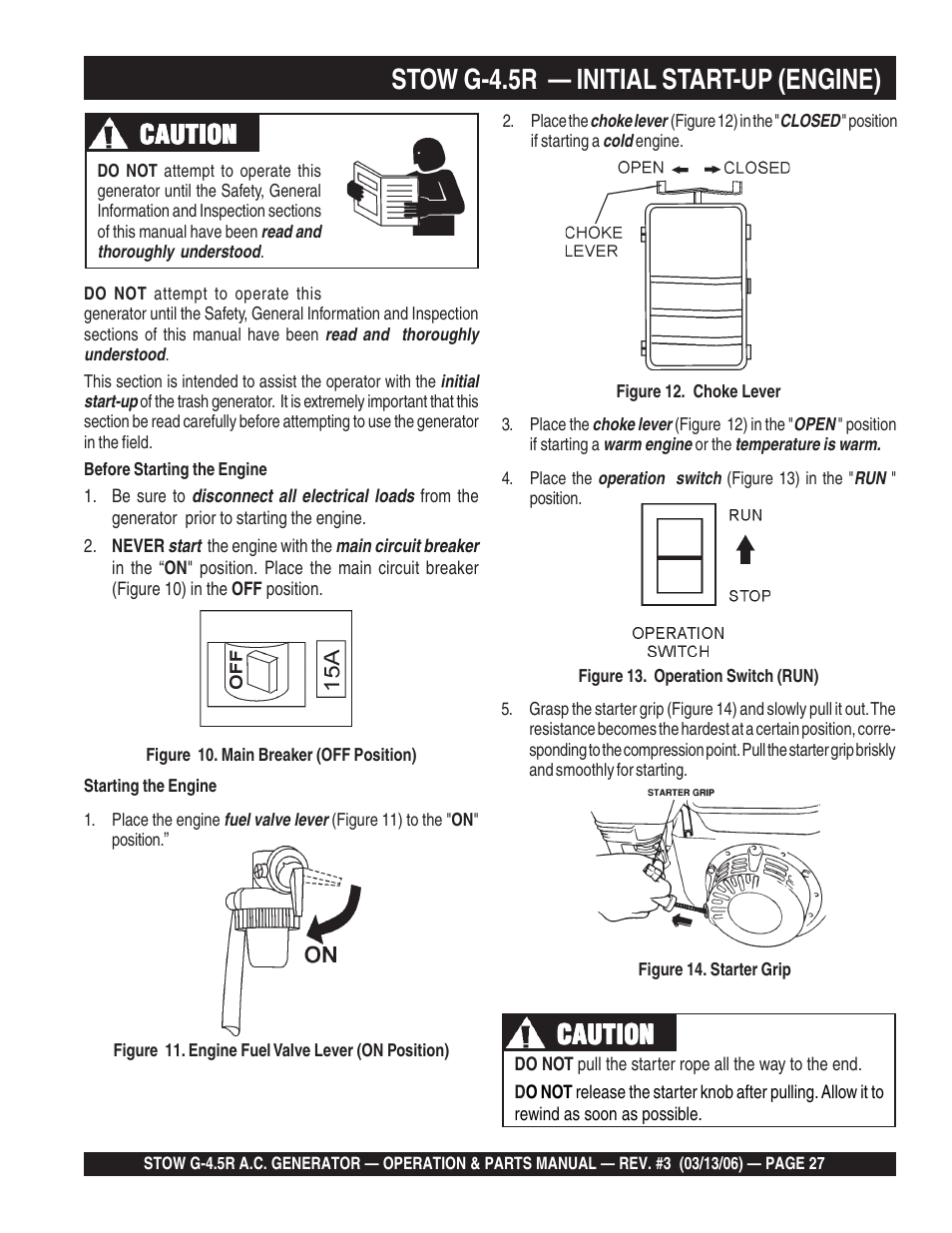 Stow g-4.5r — initial start-up (engine), Caution | Multiquip G-4.5R User Manual | Page 27 / 76
