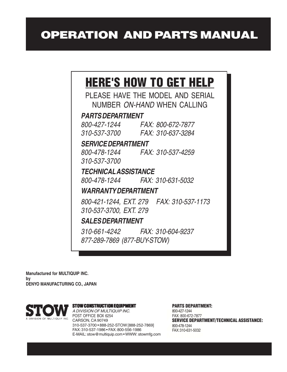 Here's how to get help, Operation and parts manual | Multiquip G-4.5R User Manual | Page 76 / 76