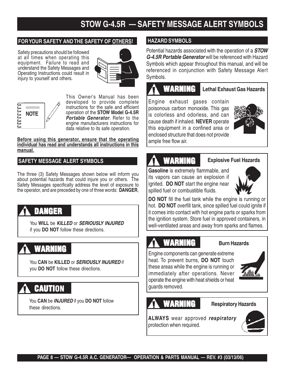 Stow g-4.5r — safety message alert symbols, Cauti, Warning | Multiquip G-4.5R User Manual | Page 8 / 76