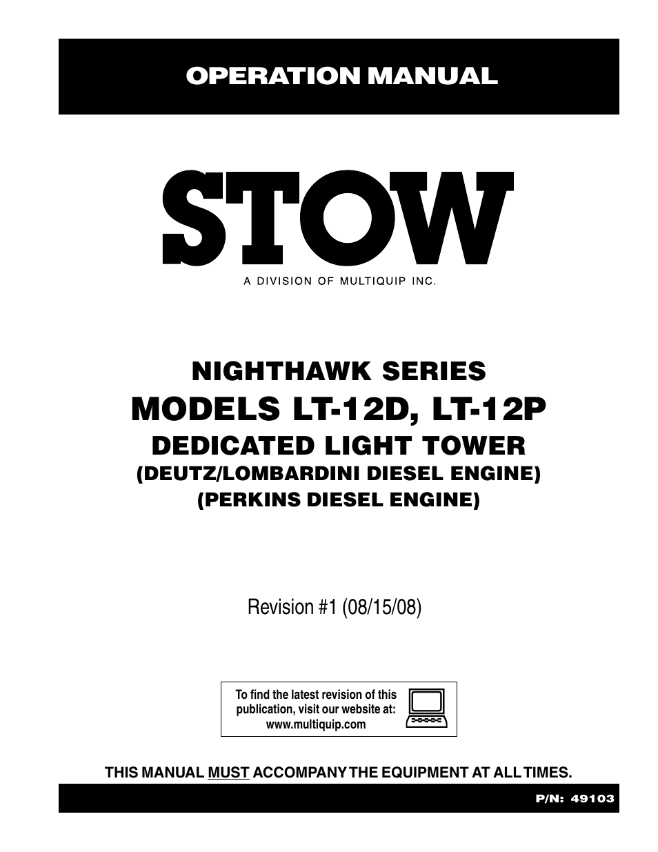 Stow Nighthawk Dedicated Light Tower LT-12D User Manual | 46 pages