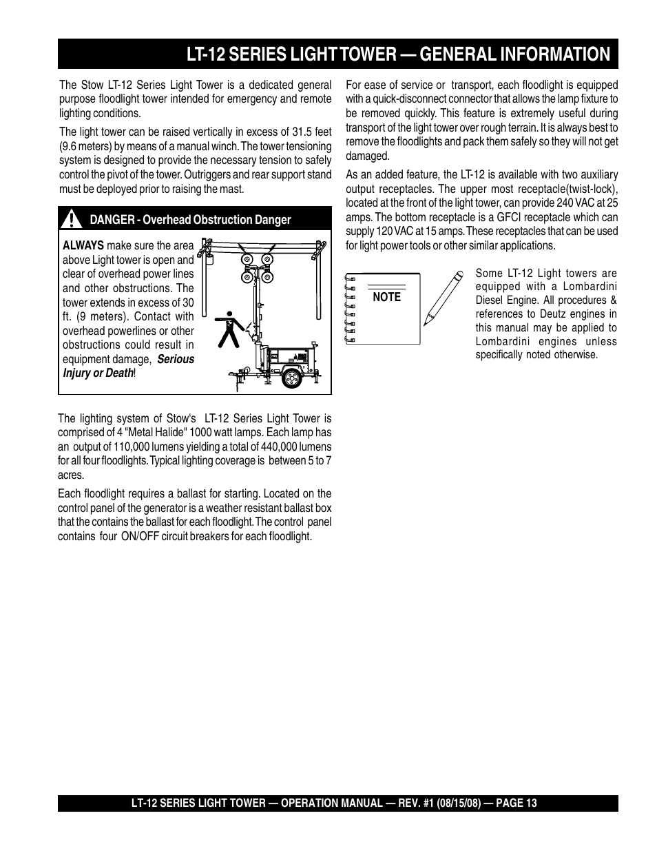 Lt-12 series light tower — general information | Stow Nighthawk Dedicated Light Tower LT-12D User Manual | Page 13 / 46