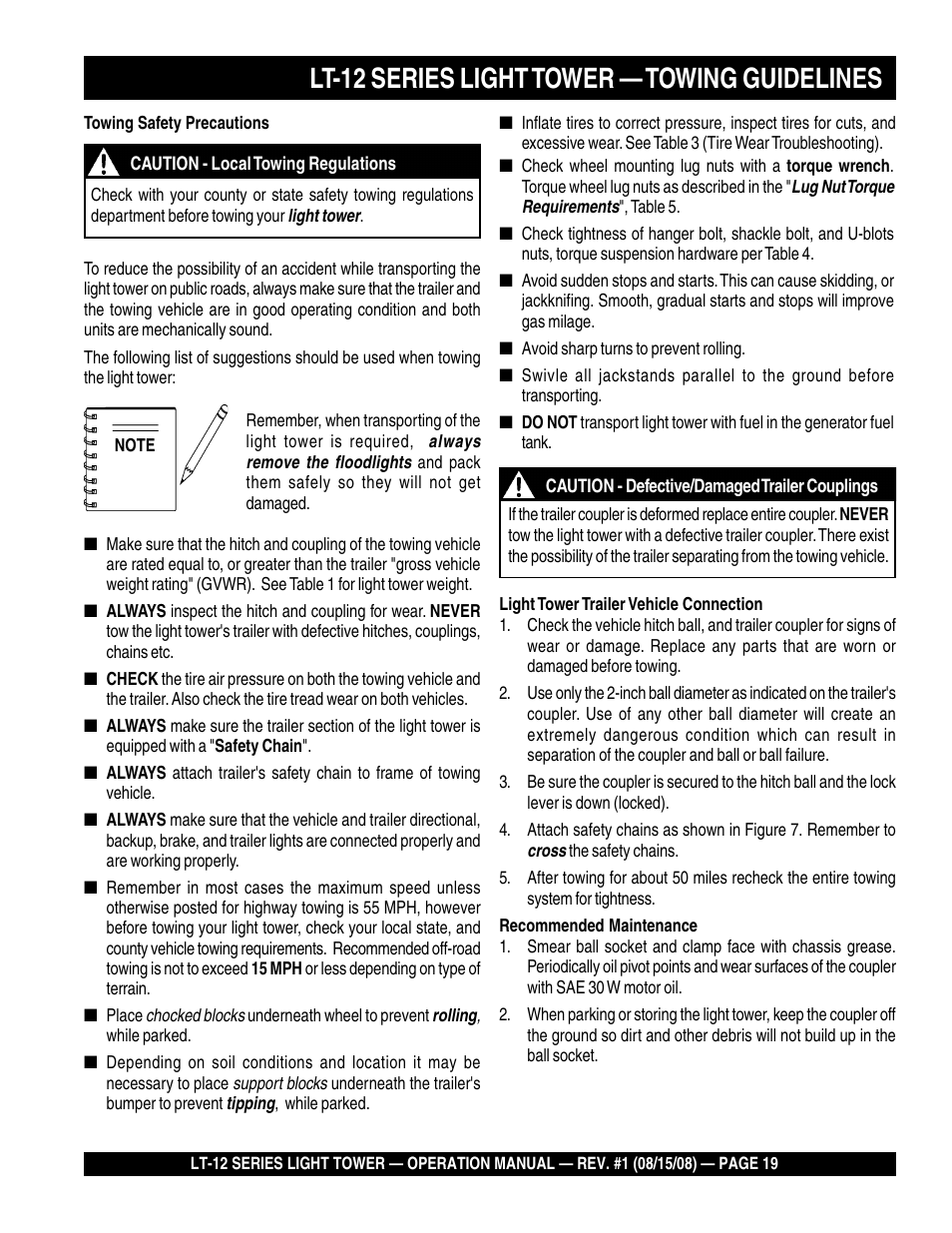 Lt-12 series light tower — towing guidelines | Stow Nighthawk Dedicated Light Tower LT-12D User Manual | Page 19 / 46
