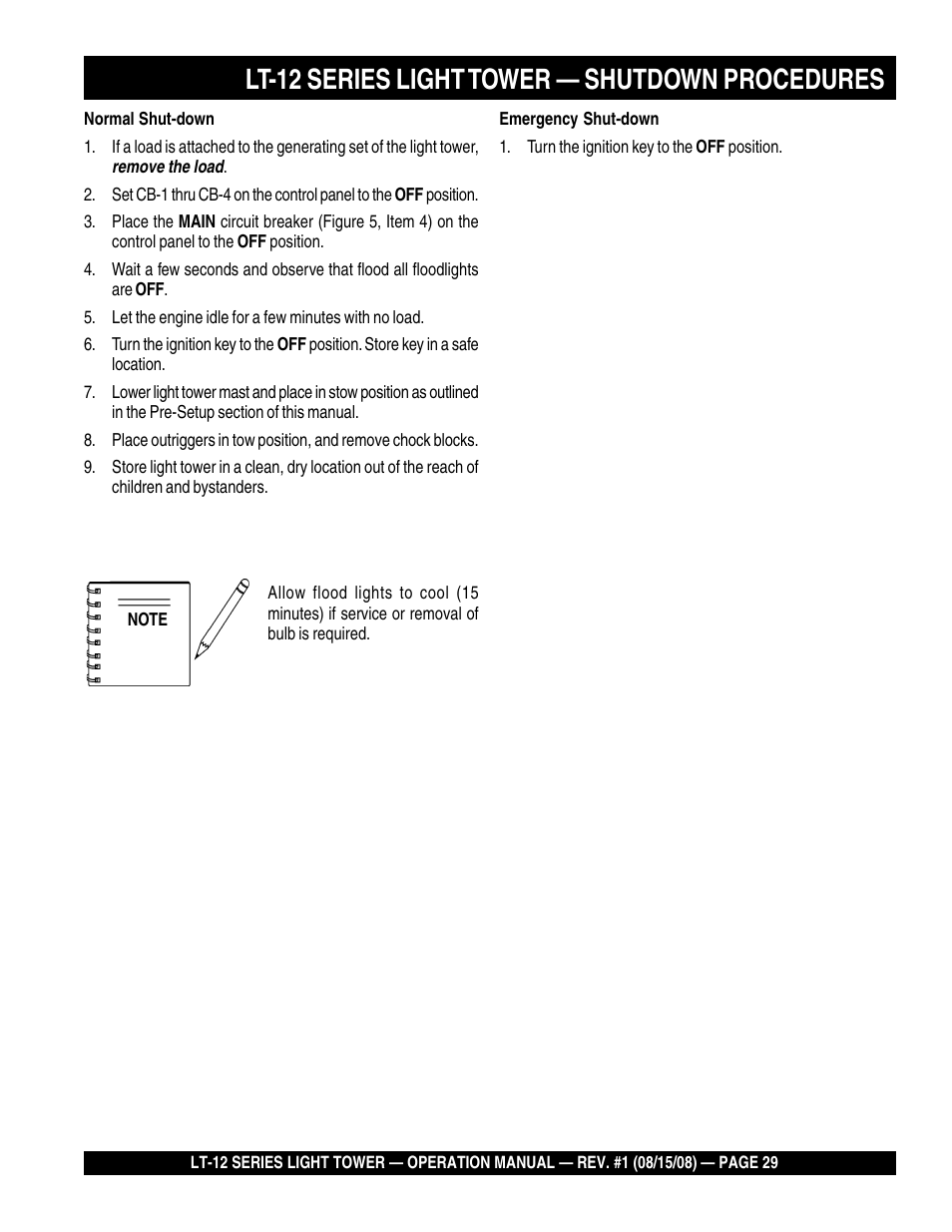 Lt-12 series light tower — shutdown procedures | Stow Nighthawk Dedicated Light Tower LT-12D User Manual | Page 29 / 46