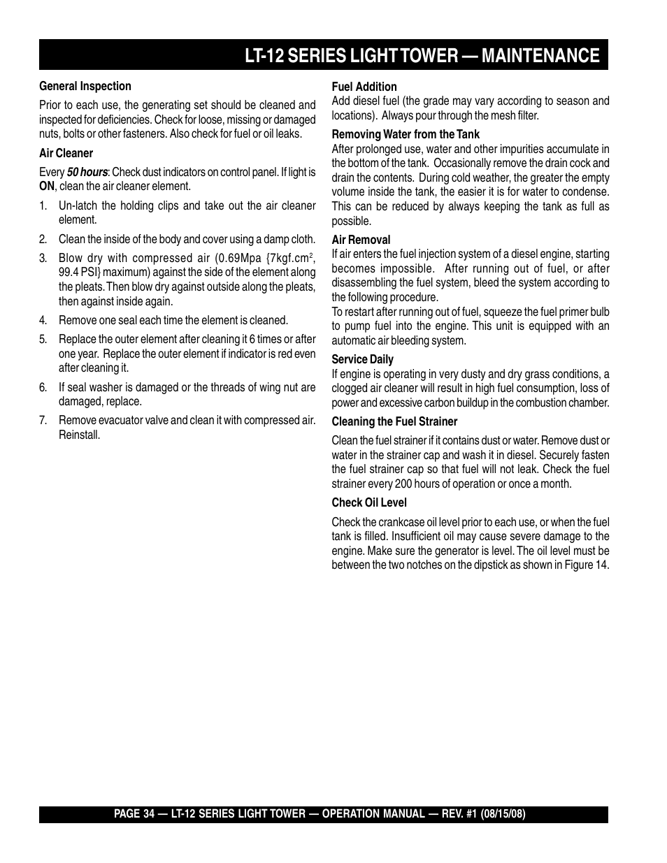 Lt-12 series light tower — maintenance | Stow Nighthawk Dedicated Light Tower LT-12D User Manual | Page 34 / 46