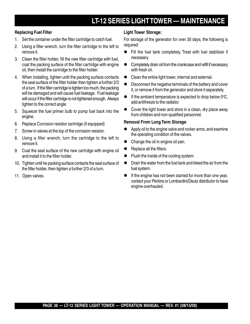 Lt-12 series light tower — maintenance | Stow Nighthawk Dedicated Light Tower LT-12D User Manual | Page 36 / 46