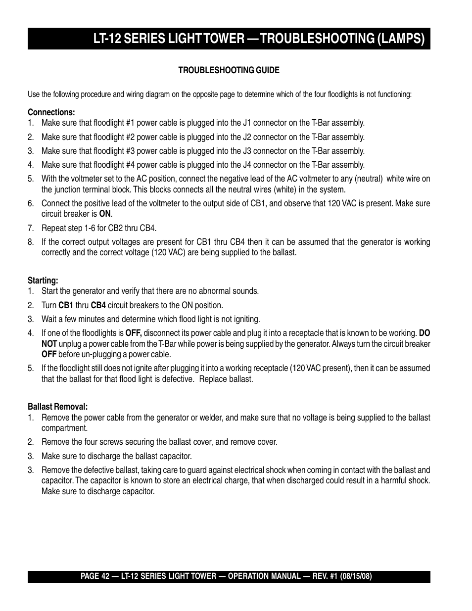 Lt-12 series light tower — troubleshooting (lamps) | Stow Nighthawk Dedicated Light Tower LT-12D User Manual | Page 42 / 46