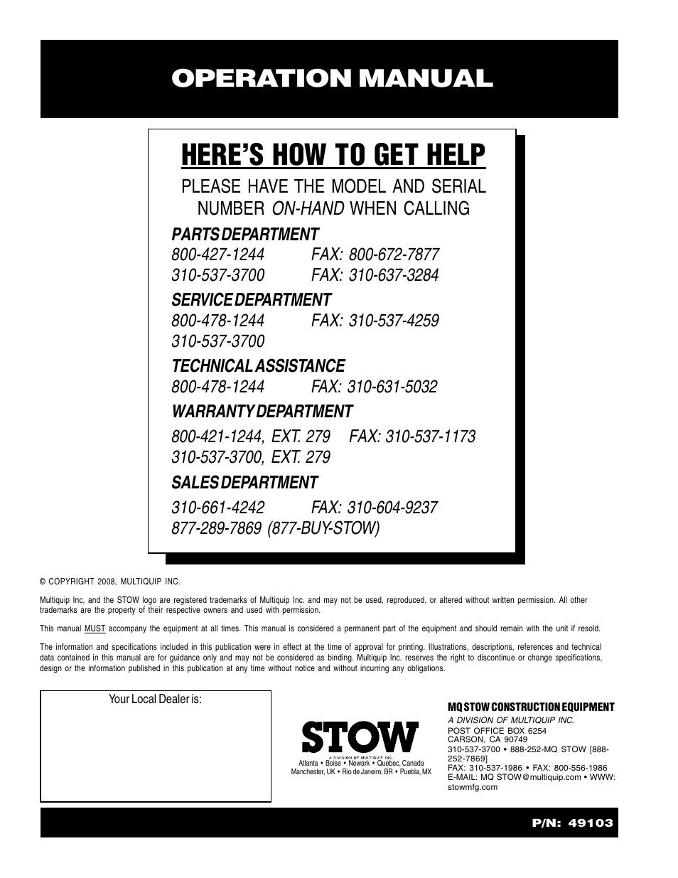Here’s how to get help, Operation manual | Stow Nighthawk Dedicated Light Tower LT-12D User Manual | Page 46 / 46