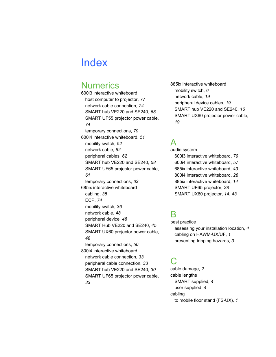 Index, Numerics | Smart Inventions SMART Height-Adjustable Wall mount HAWM-UX/UF User Manual | Page 89 / 94
